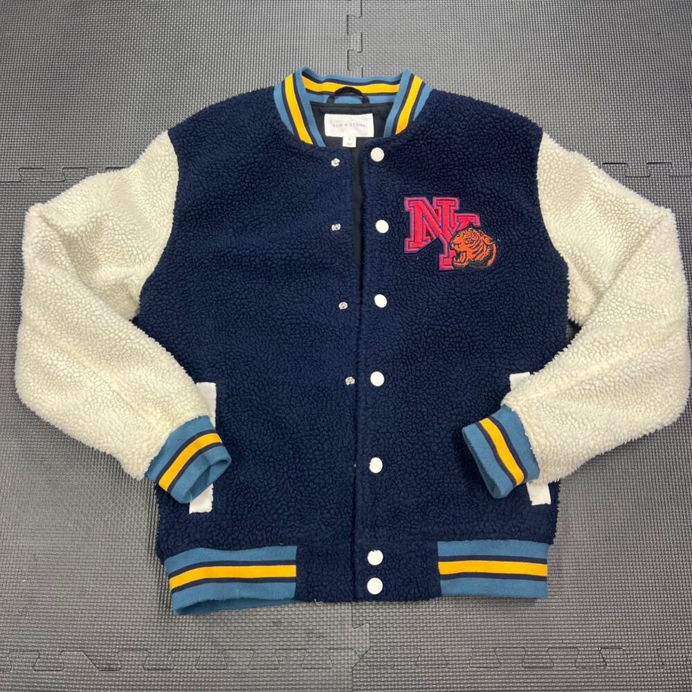 Sun Stone Ny Tiger Varsity Sherpa Jacket Retro Color Block Collegiate Style